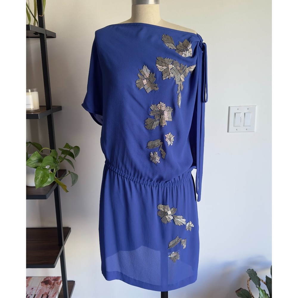 Robert Rodriguez Royal Blue Sheath Dress-Silver Beaded Floral Design-Size 4 $175